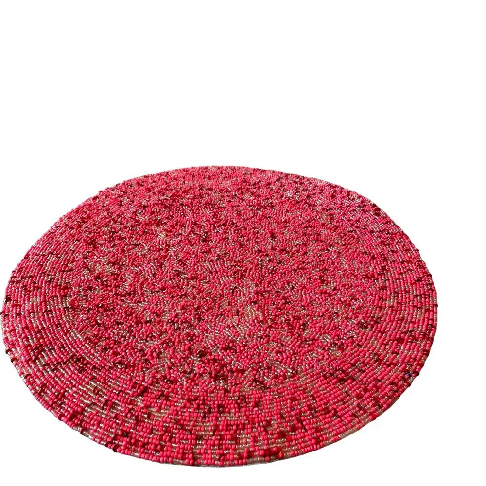 TIRAMISU Handmade Beaded 15in Round Placemat Charger Holiday Red Pink Pearl  NEW
